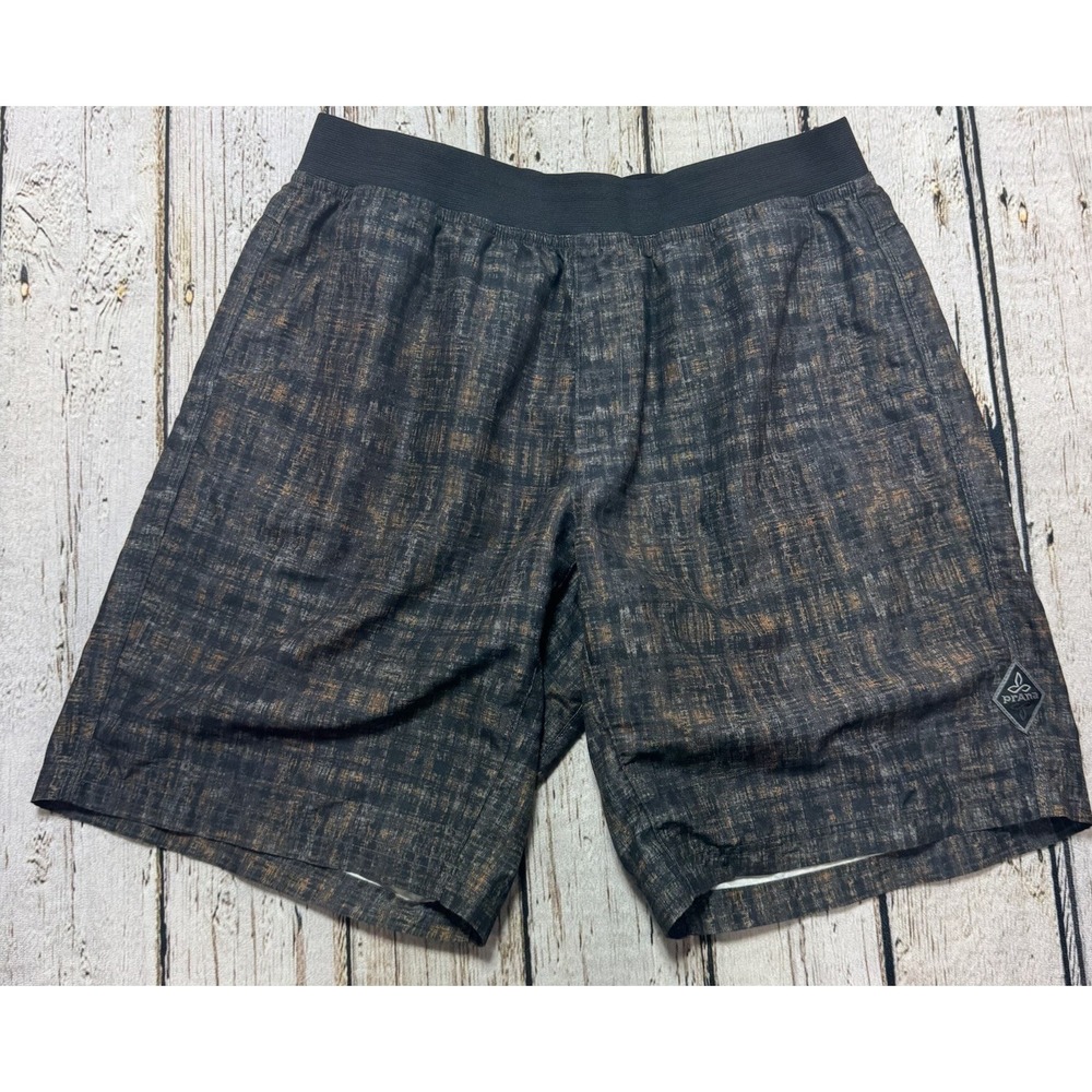 PrAna Mojo Shorts Men's Medium Brown Black Pull On Athletic Yoga Hiking Stretch